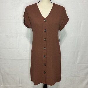 Fourteen & 9th V-Neck Button Front Cap Sleeve Linen Blend Dress Brown Sz M NWT